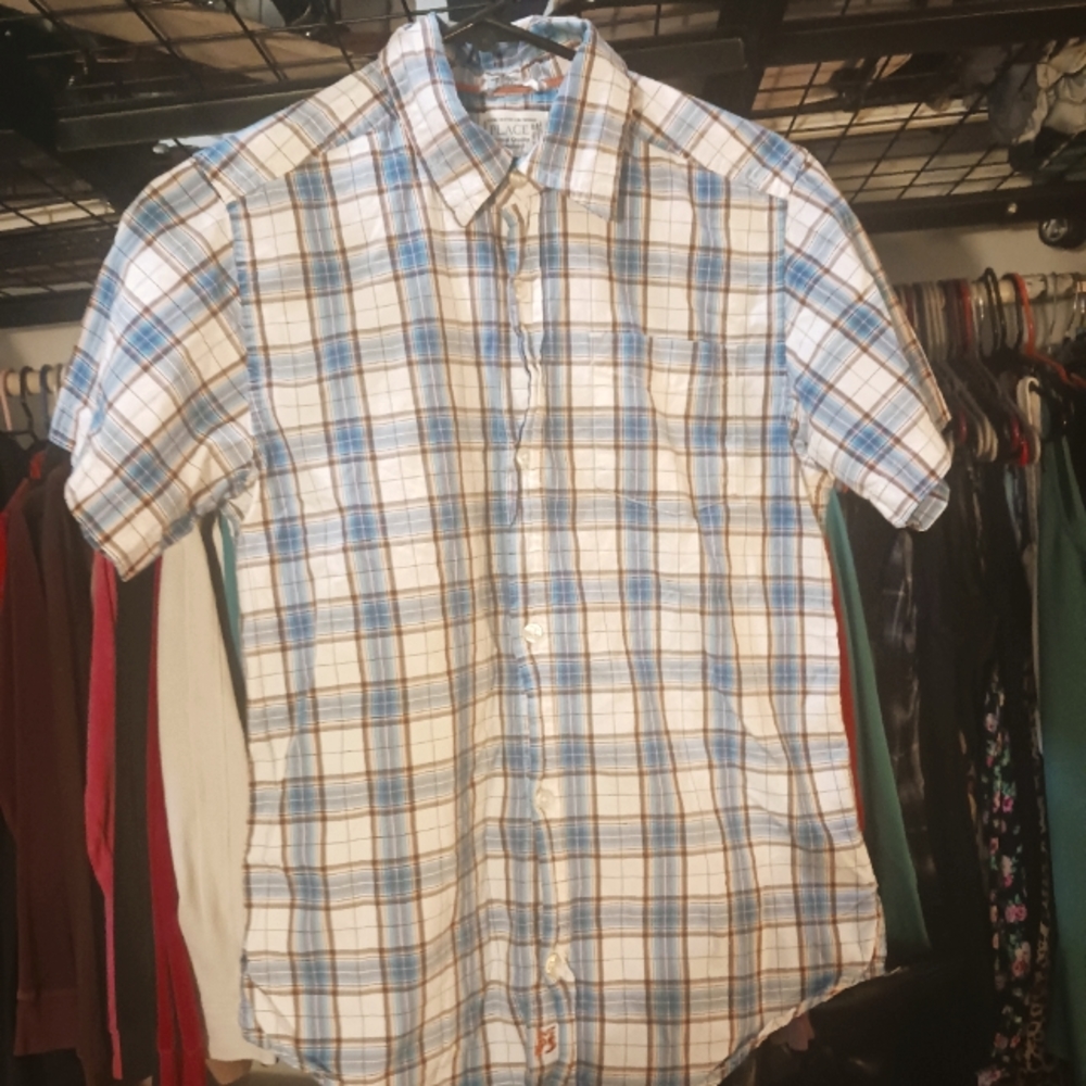 The Children's Place White/Blue Plaid Button Down Short Sleeve Shirt